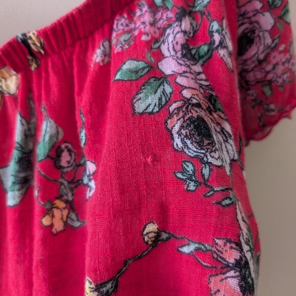 Zenobia Plus Size Linen Short Sleeve Blouse Off Shoulder Bow Red Floral 3X - Picture 8 of 9